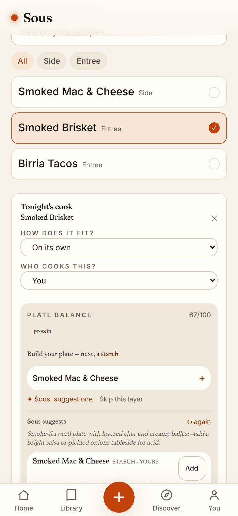 Sous composing a balanced meal — suggesting sides and sauces around your main