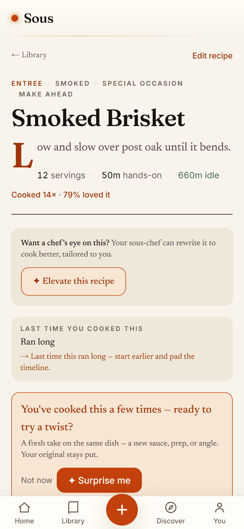 A recipe in Sous, with the sous-chef offering to elevate it for your gear