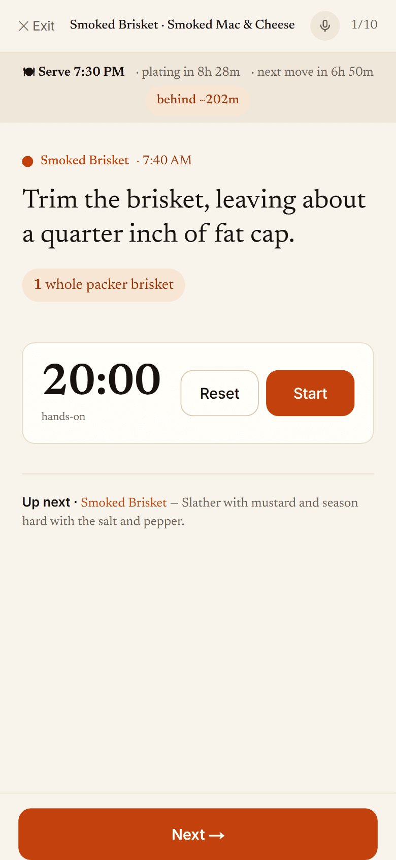 Merged cook timeline with a live serve-at clock and per-step measures